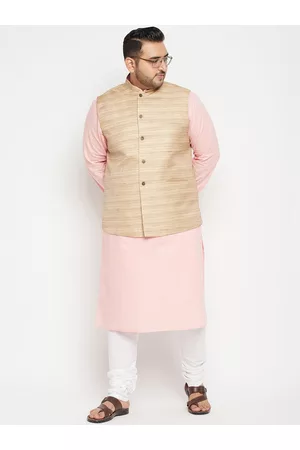 Vastramay Men Plus Size Pink Regular Kurta with Churidar & Nehru Jacket