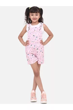 StyleStone Girls Pink & White Printed Dungaree with Top