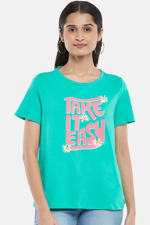 PEOPLE Women Turquoise Blue Printed Pure Cotton T-shirt