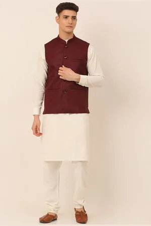 Jompers Men Maroon Layered Kurta with Churidar & Nehru Jacket