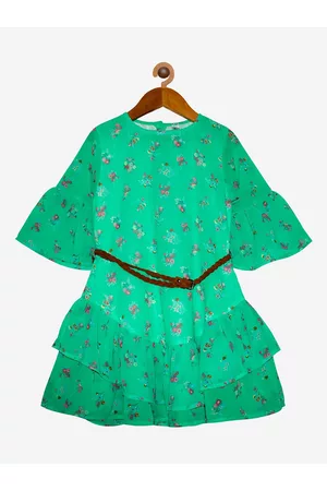 KiddoPanti Girls Green & Pink Floral Printed Layered Belted Georgette Dress