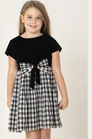 Cherry Crumble Girls Black & White Checked Corduroy Bow Detail Cotton Fit & Flare Dress
