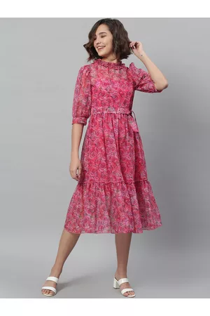 KASSUALLY Women Fuchsia Printed Fit and Flare Dress