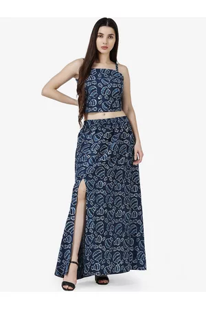 Popwings Women Blue Bagru Printed Cotton Crop Top & Skirt