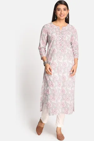 EarthWear Women White Floral Printed Cotton Kurta