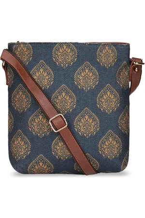 THE CLOWNFISH Aahna Blue & Yellow Ethnic Motifs Printed Structured Sling Bag