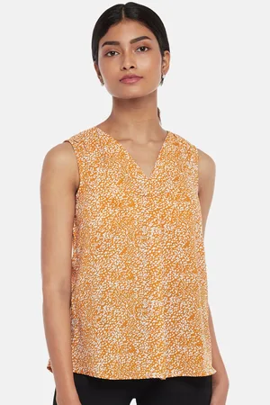 Pantaloons Mustard Yellow Animal Print Mandarin Collar Top