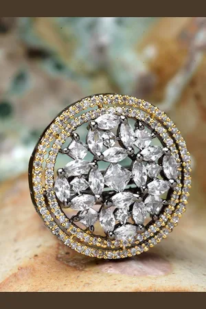 Bhana Fashion Rhodium-Plated Metallic-Toned & White AD-Studded Circular Finger Ring