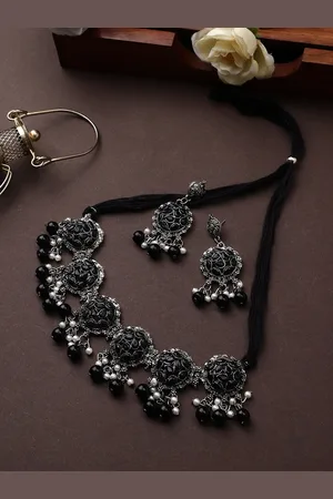 Cardinal Silver-Plated Oxidised Black Stone Studded Flower Lavish Choker Necklace Set