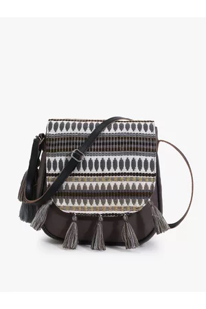 Anekaant Women Grey Geometric Printed Structured Sling Bag with Tasselled