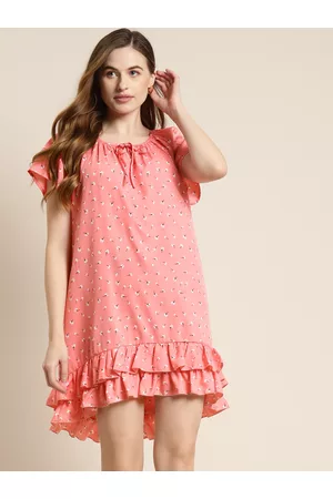 QURVII Pink & White Floral Print Tie-Up Neck Shift Dress