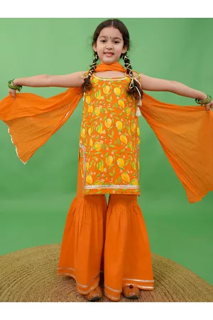 Tiber Taber Girls Orange Printed Pure Cotton Kurta with Sharara & With Dupatta