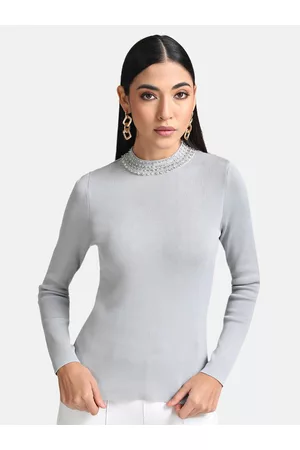 Kazo Women Grey Embellished Pullover Sweater