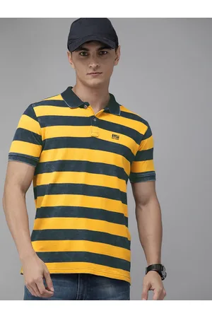 Pepe Jeans Men Mustard Yellow Blue Striped Polo Collar Pure Cotton T-shirt