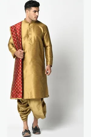 DEYANN Men Gold-Toned Printed Kurta with Dhoti Pants & Dupatta