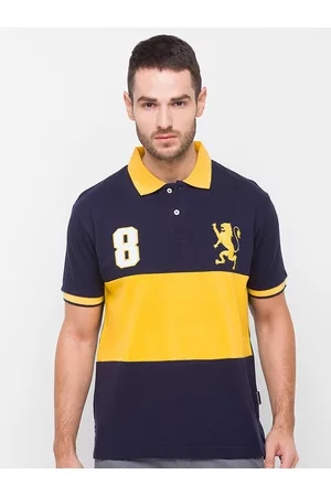 Giordano Men Navy Blue & Yellow Colourblocked Polo Collar Applique Slim Fit Cotton T-shirt