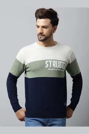 CANTABIL Men Navy Blue & White Colourblocked Colourblocked Pullover