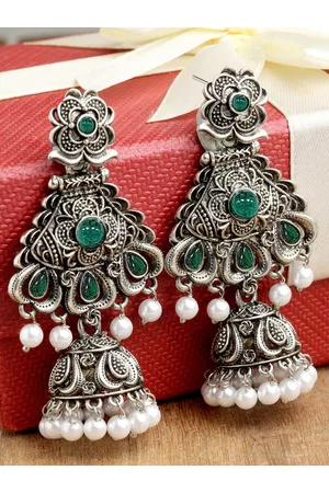 karatcart Women Oxidised Silver Green Dome Shaped Jhumkas Earrings