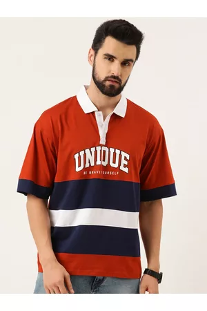 Maniac Men Red Striped Polo Collar Oversized T-shirt