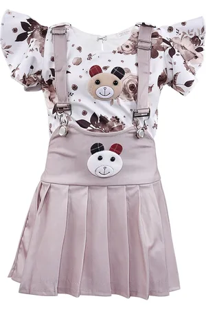 Wish Karo Girls Beige & White Printed Top with Skirt