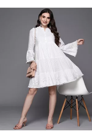 Indo Era White Floral Embroidered Ethnic A-Line Dress