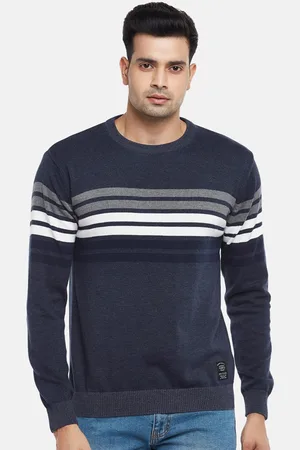 PEOPLE Men Blue & White Striped Cotton Pullover