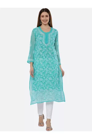 FAWOMENT Women Blue Ethnic Motifs Printed Chikankari Handloom Georgette Kurta