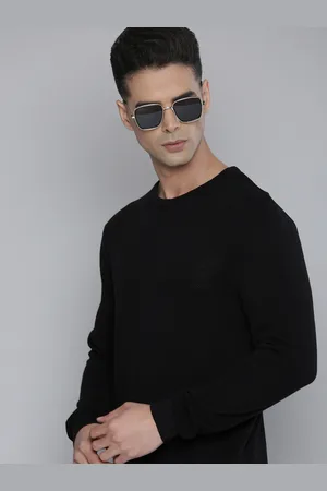 Flying Machine Men Black Solid Pure Cotton Knitted Pullover