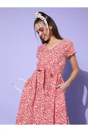 DressBerry Women Elegant Coral Floral Sun Dress