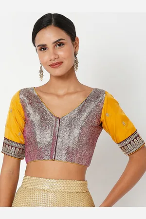 SALWAR STUDIO Women Yellow & Burgundy Embroidered Saree Blouse