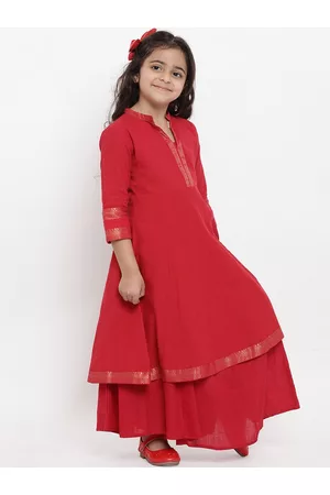 Bhama Girls Red Solid Pure Cotton Regular Kurta With Palazzos