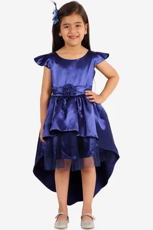YK Girls Blue Solid High- Low Round Neck Fit & Flare Party Dress
