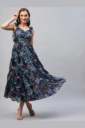 Rare Fashion Navy Blue Floral Georgette Midi Dress