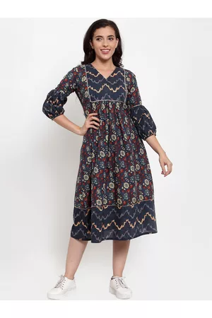INDIBELLE Women Blue Printed Empire Dress
