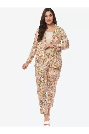 Biba Women Beige Printed Coat with Trouser Co-Ords Set