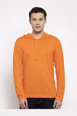 Friskers Men Orange Solid Cotton Long Sleeves Hooded T-shirt