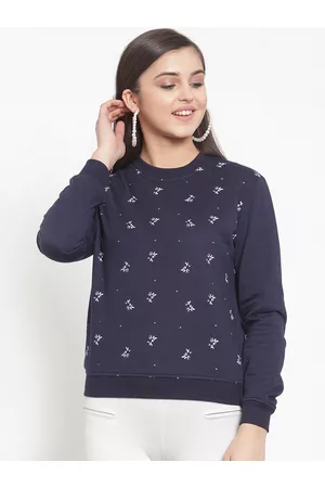 KASSUALLY Women Navy Blue & White Printed Sweatshirt