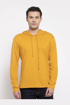 Friskers Men Mustard Yellow Solid Cotton Long Sleeves Hooded T-shirt