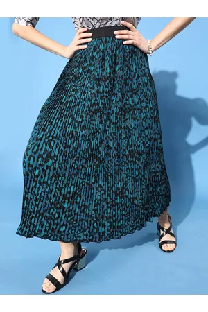 KASSUALLY Women Stunning Blue Animal Printed Pleated Form Skirt