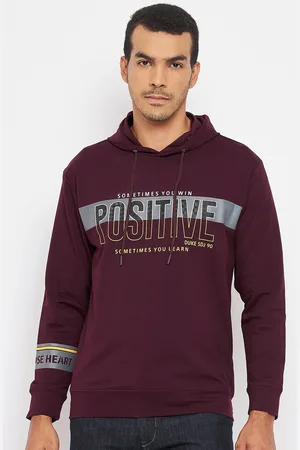 Duke Men Burgundy Printed Fleece Hooded Sweatshirt