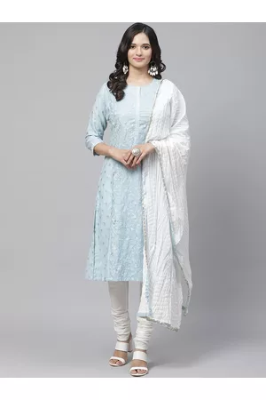 Biba Women Blue & White Embroidered Kurta with Churidar & Dupatta