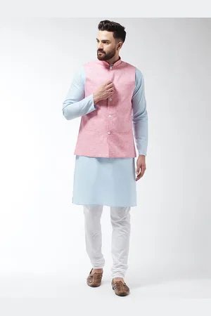 SOJANYA Men Turquoise Blue & Pink Solid Kurta And Churidar With Jacket