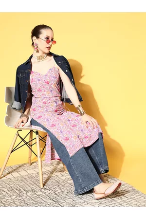 Berrylush Women Pink & Purple Floral Print Straight Kurta