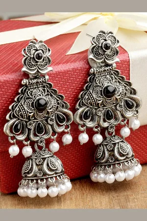 karatcart Women Oxidised Silver Black Dome Shaped Jhumkas Earrings