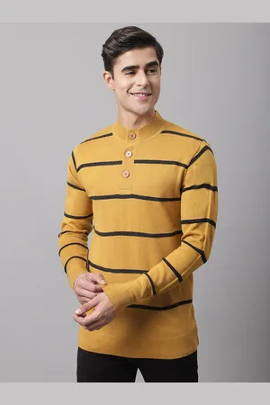 CANTABIL Men Mustard Yellow & Black Striped Mock Collar Pullover
