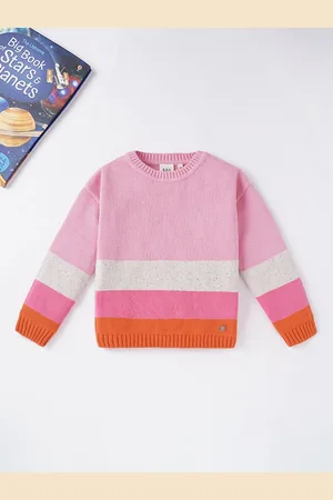 Ed-a-Mamma Girls Pink & White Colourblocked Cotton Pullover