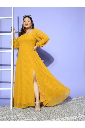 Berrylush Women Mustard Yellow Georgette Puff Sleeves Maxi Dress with Side Slit