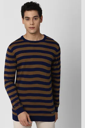 Peter England Men Blue & Brown Cotton Striped Pullover