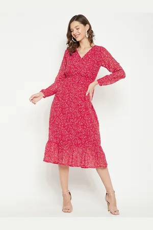 Color Cocktail Women Red Floral Georgette A-Line Midi Dress