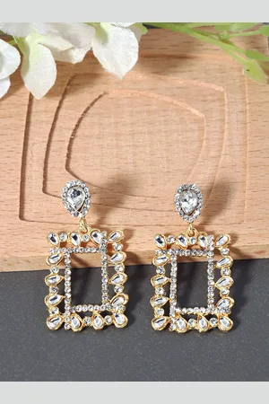 AccessHer Gold-Toned & White Gold-Plated Stine Studded Geometric Drop Earrings